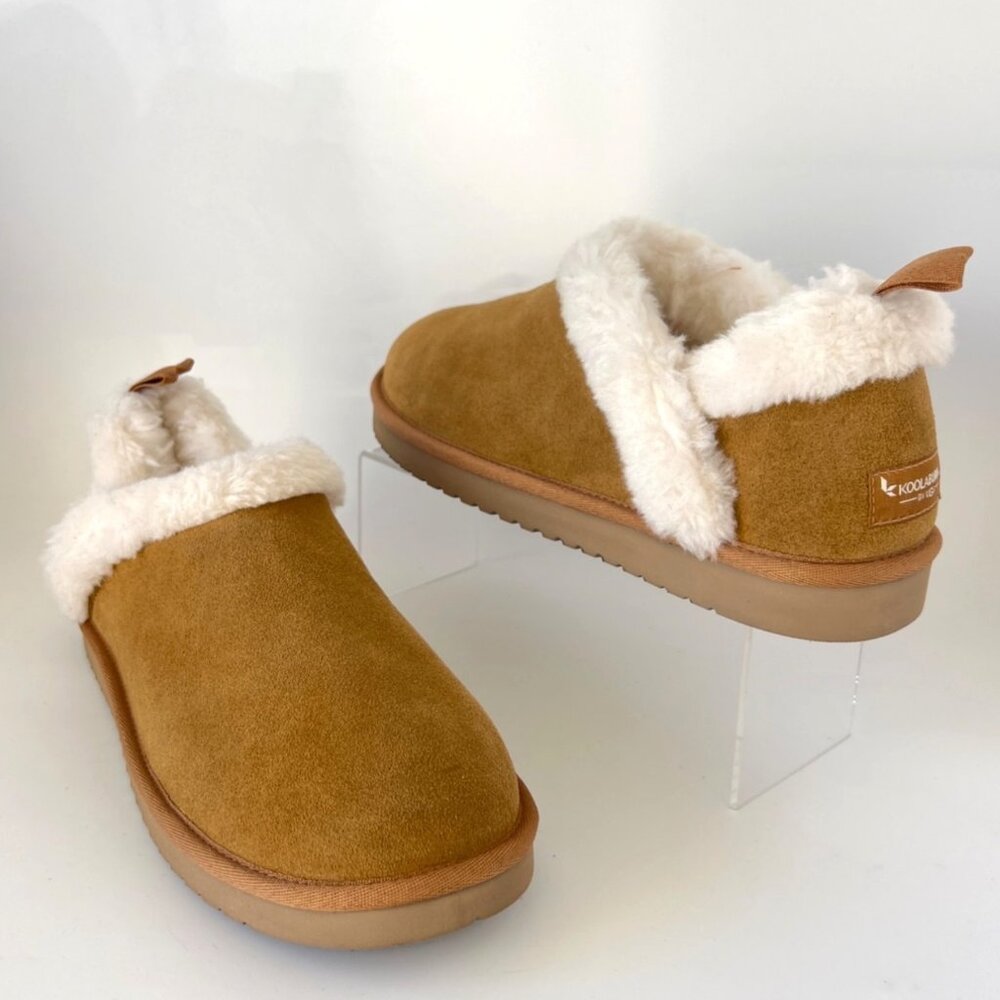 Koolaburra Chestnut Brown Suede Shearling Clog Booties